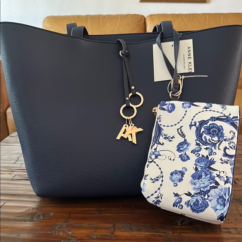 New Anne Klein Blue and White Tote with Floral Pouch